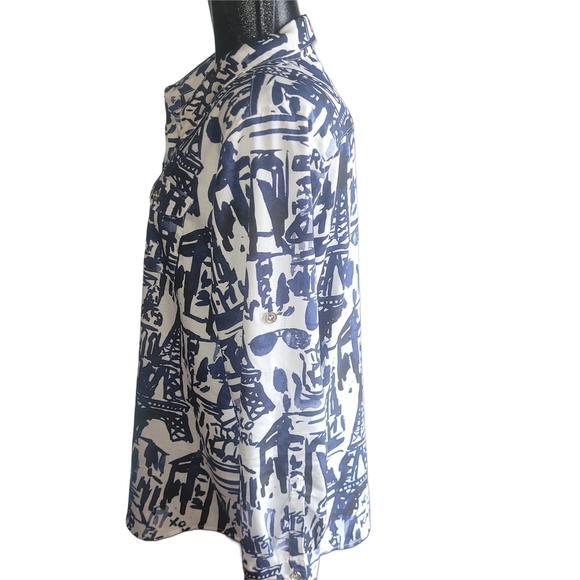 Karl Lagerfeld Blue and White Abstract Paris Button Front Shirt L - Picture 5 of 7